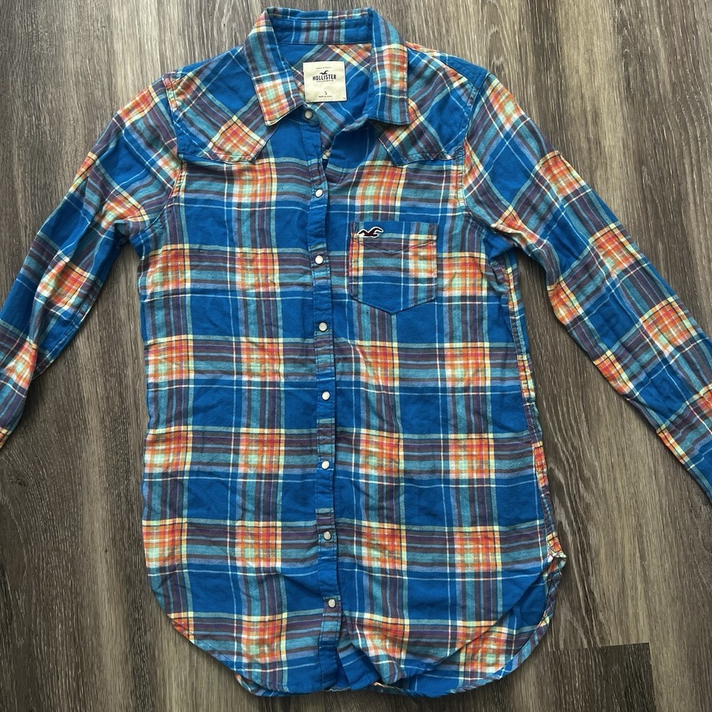 Hollister Co Womens Blue Plaid Flannel Shirt Size S Long Sleeve Snap Button Up